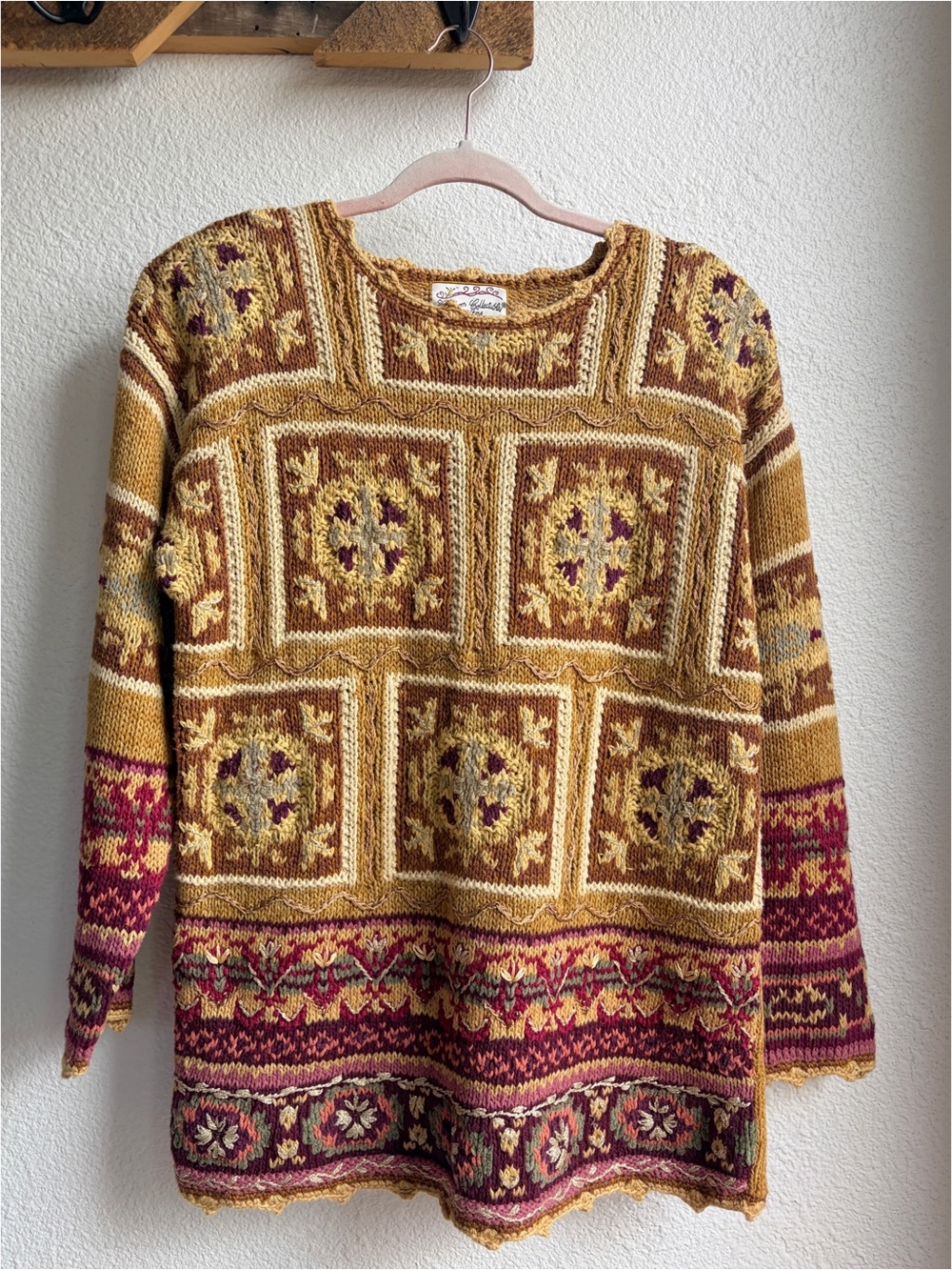 Vintage 90s Heirloom Collectibles Gold Knit Cottagecore Patchwork Sweater P